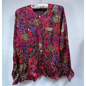 Vintage Jerri Sherman Collection Paisley Floral Multicolor Silk Shirt Blouse Top